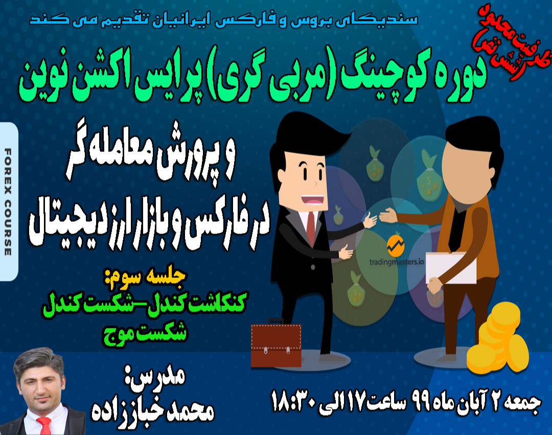 وبینار دوره کوچینگ (مربی گری) پرایس اکشن نوین و پرورش معامله گر در فارکس و بازار ارز دیجیتال-جلسه سوم: کنکاشت کندل، شکست کندل،شکست موج