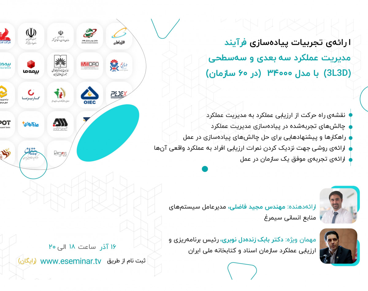وبینار ارائه‌ی تجربیات پیاده سازی فرآیند مدیریت عملکرد سه‌بعدی و سه‌سطحی (3L3D) با مدل ۳۴۰۰۰ (در ۶۰ سازمان)