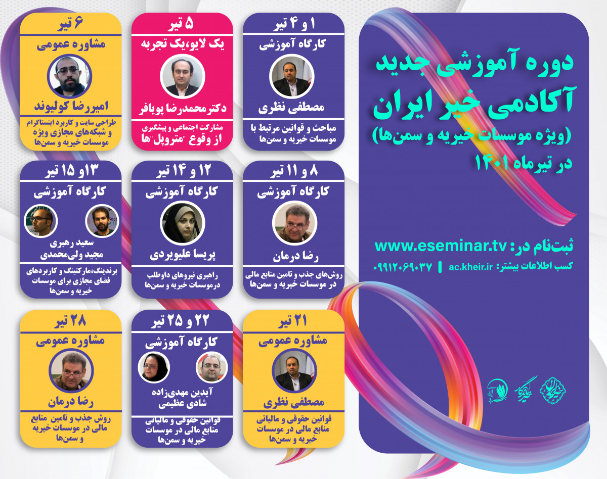 وبینار معرفی برنامه های آکادمی خیر ایران (ویژه مؤسسات خیریه و سمن ها) برای تیرماه 1401