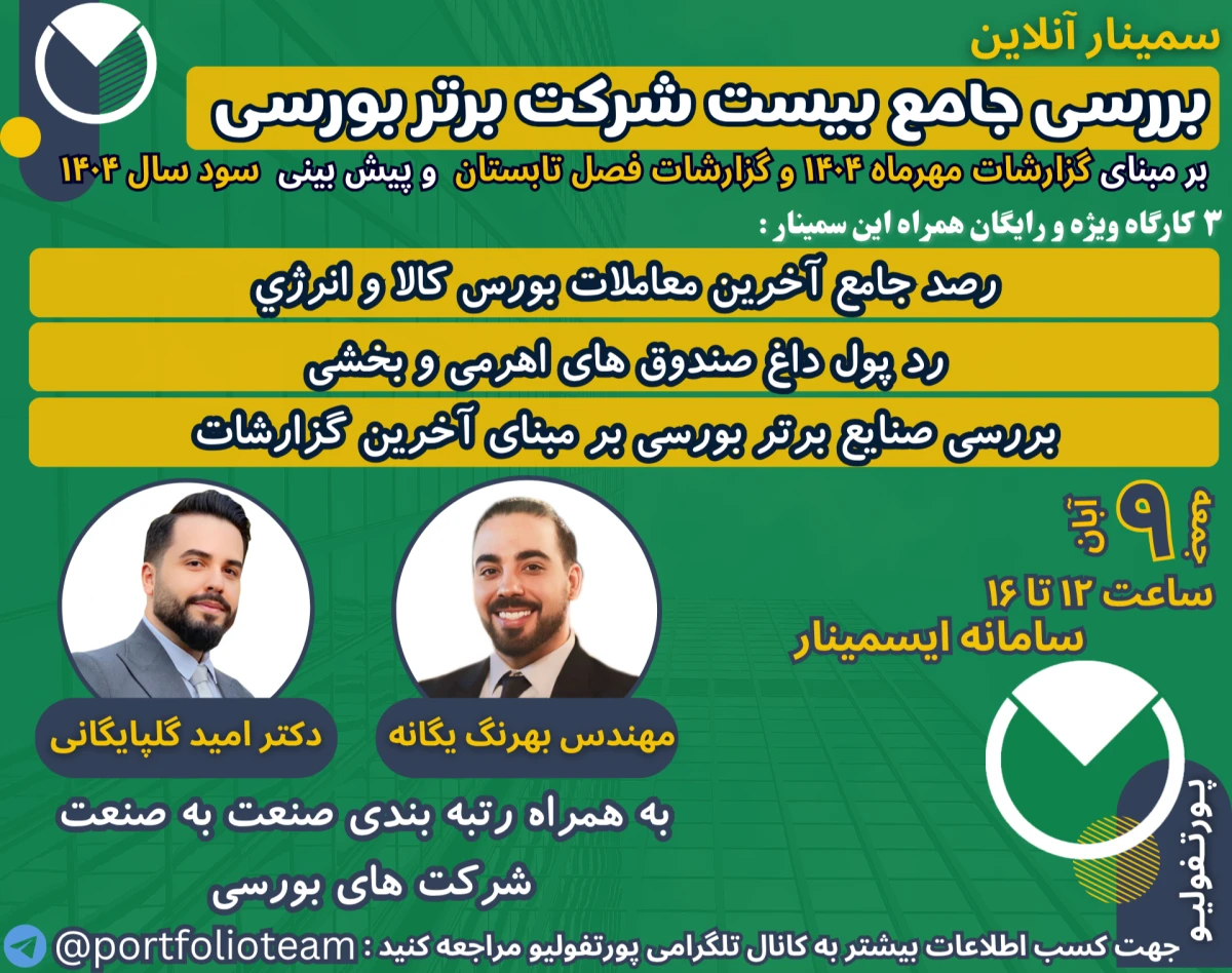 وبینار بررسی جامع بیست شرکت برتر بورسی بر مبنای گزارشات مهرماه و سود فصل تابستان ۱۴۰۴ و ۳ کارگاه ویژه رد پول داغ صندوق ها آخرین معاملات بورس کالا رتبه بندی صنایع برتر