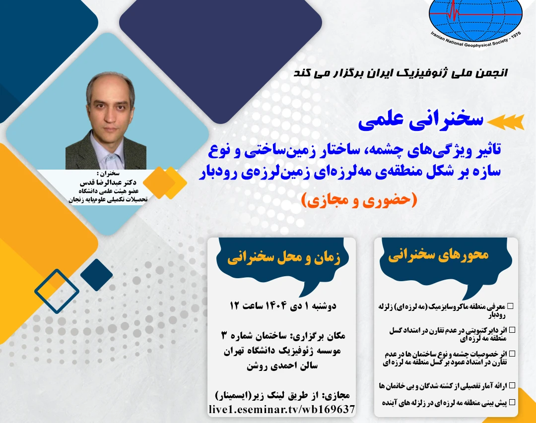 سخنرانی علمی تاثیر ویژگی های چشمه، ساختار زمین ساختی و نوع سازه بر شکل منطقه مه لرزه ای زمین لرزه رودبار (حضوری و مجازی)