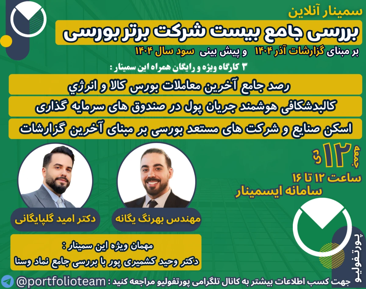 وبینار بررسی جامع بیست شرکت برتر بورسی بر مبنای گزارشات آذرماه و سود فصل پاییز ۱۴۰۴ و ۳ کارگاه ویژه کالبدشناسی هوشمند جریان پول صندوق ها و آخرین معاملات بورس کالا و رتبه بندی صنایع برتر