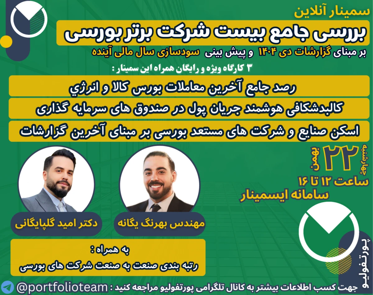 وبینار بررسی جامع بیست شرکت برتر بورسی بر مبنای گزارشات دی ماه و سود فصل پاییز و ۳ کارگاه ویژه کالبدشناسی هوشمند جریان پول صندوق ها و آخرین معاملات بورس کالا و رتبه بندی صنایع برتر