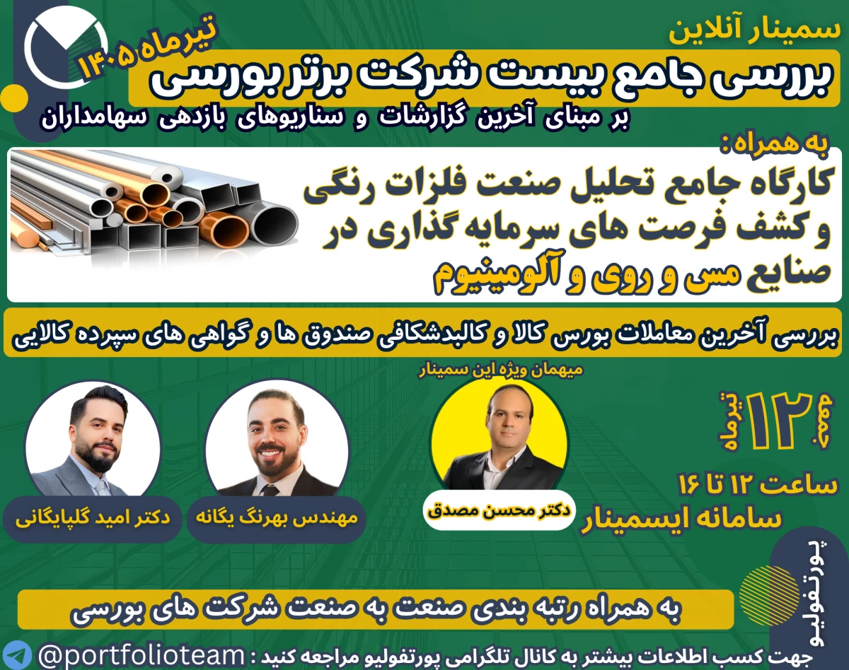 وبینار بررسی جامع بیست شرکت برتر بورسی بر مبنای آخرین گزارشات و تحلیل صنعت فلزات رنگی و فرصت‌های سرمایه‌گذاری در این صنعت