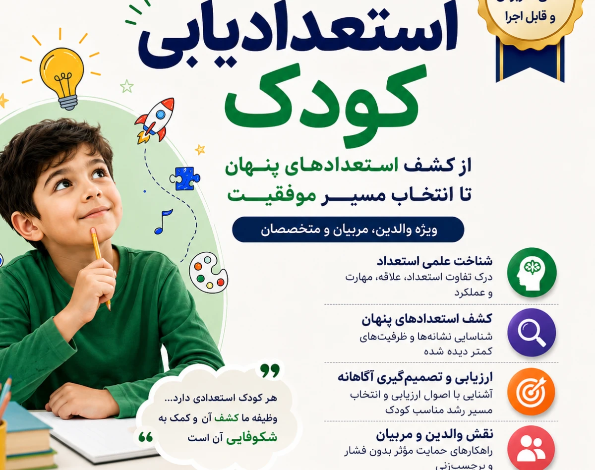 وبینار استعدادیابی کودک ؛ از کشف استعداد های پنهان تا انتخاب مسیر موفقیت با رویکرد علمی ،کاربردی ویژه والدین ، مربیان و متخصصان