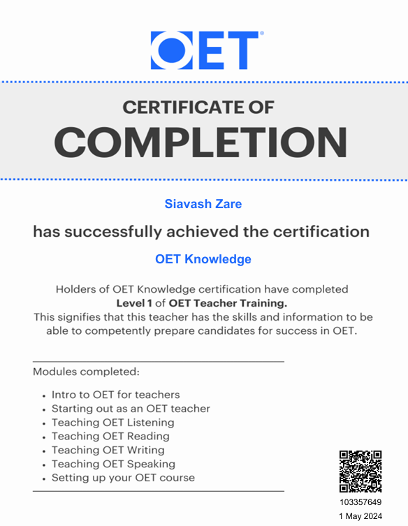 مدرک رسمی سیاوش زارع از موسسه OET  انگلستان